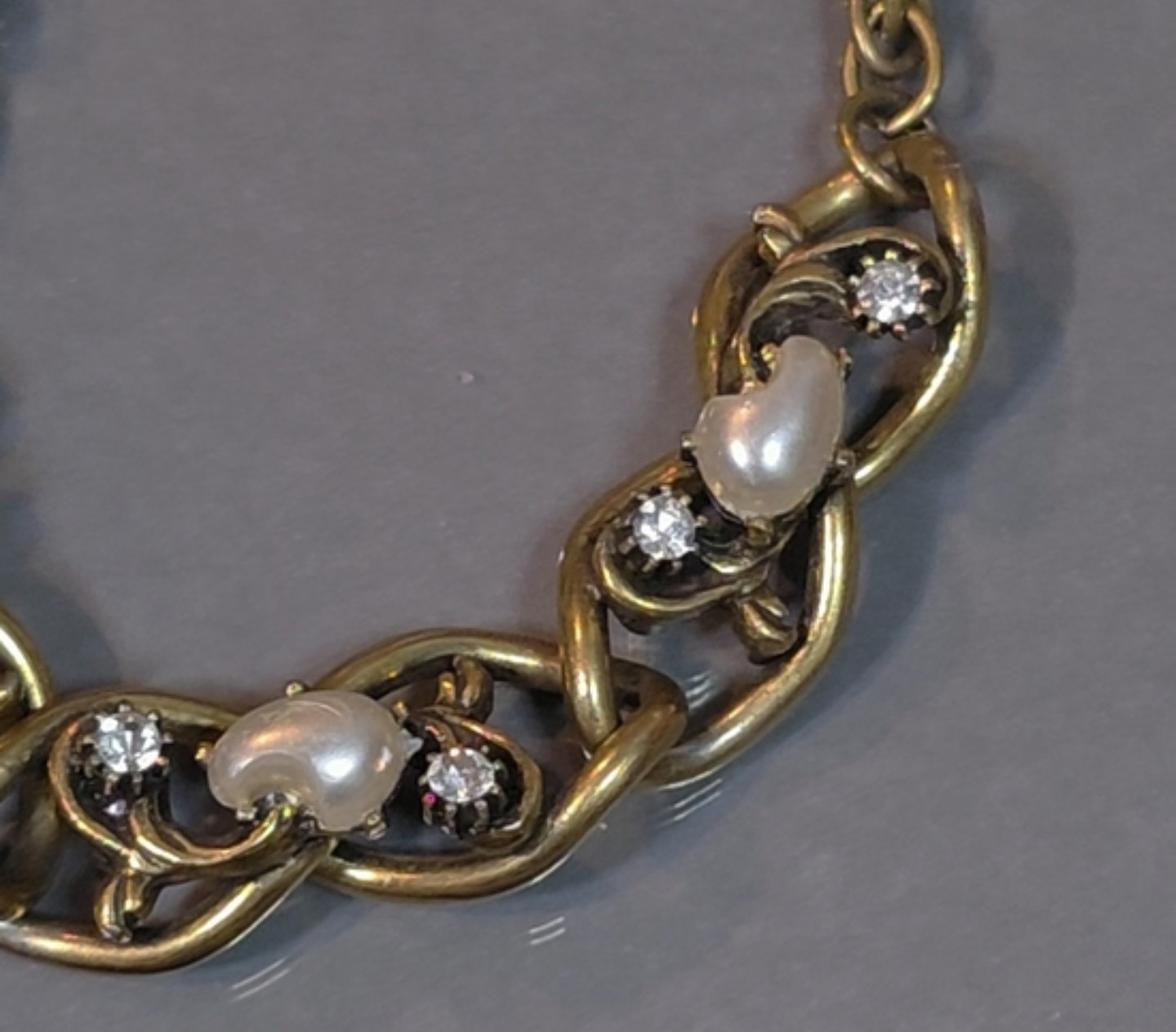 Faux “Baby Tooth” Pearl & Rhinestone Link Necklace Unsigned Vintage Jewelry