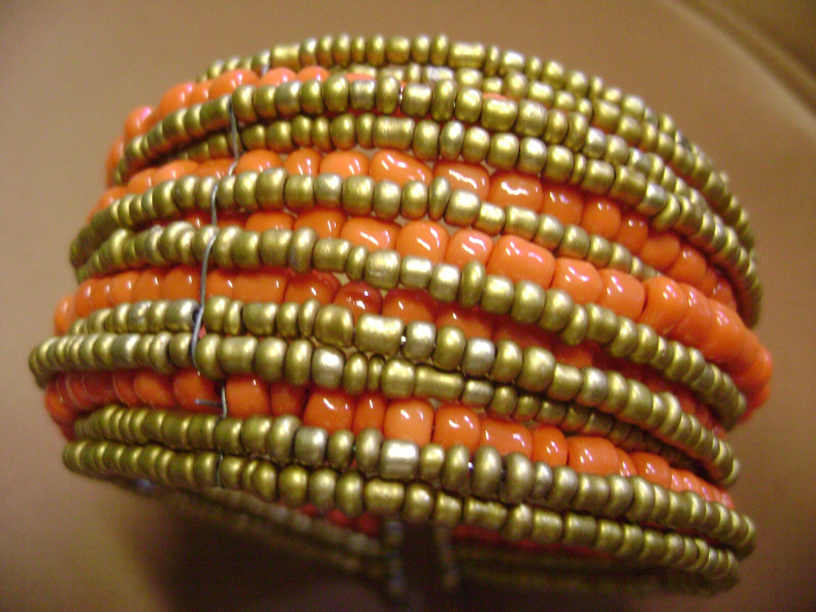 ORANGE & GOLD GLASS BEADED WIDE OPEN CUFF STRETCH BRACELET!!!