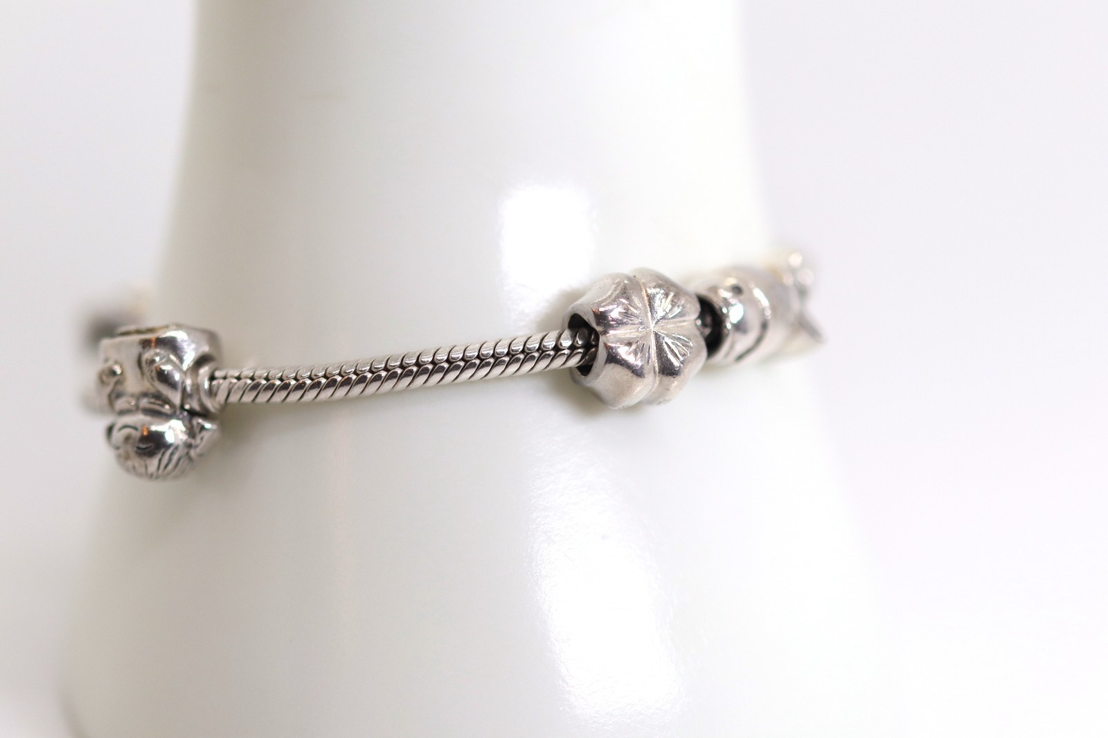 Pandora Sterling Silver Bracelet 925 + 6 Charms Shamrock Chick Fish Heart Frog