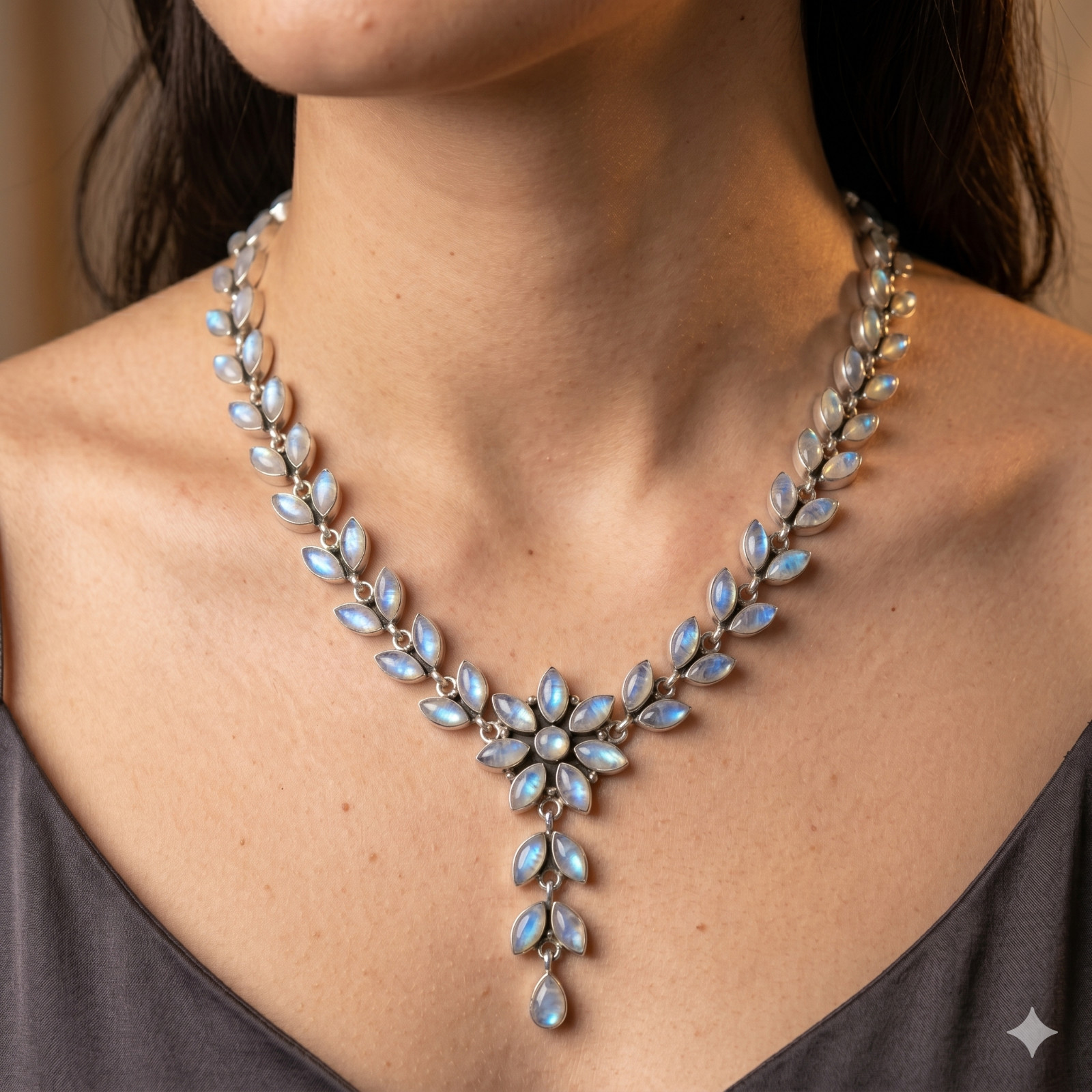 Rainbow Moonstone Floral Necklace 925 Sterling Silver Gemstone Statement Jewelry