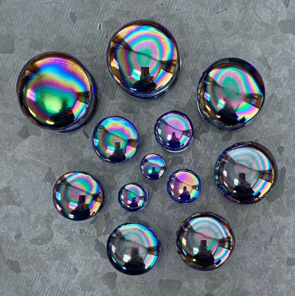 PAIR Oil Slick Design Pyrex Glass Double Flare Plugs Gauges Body Jewelry