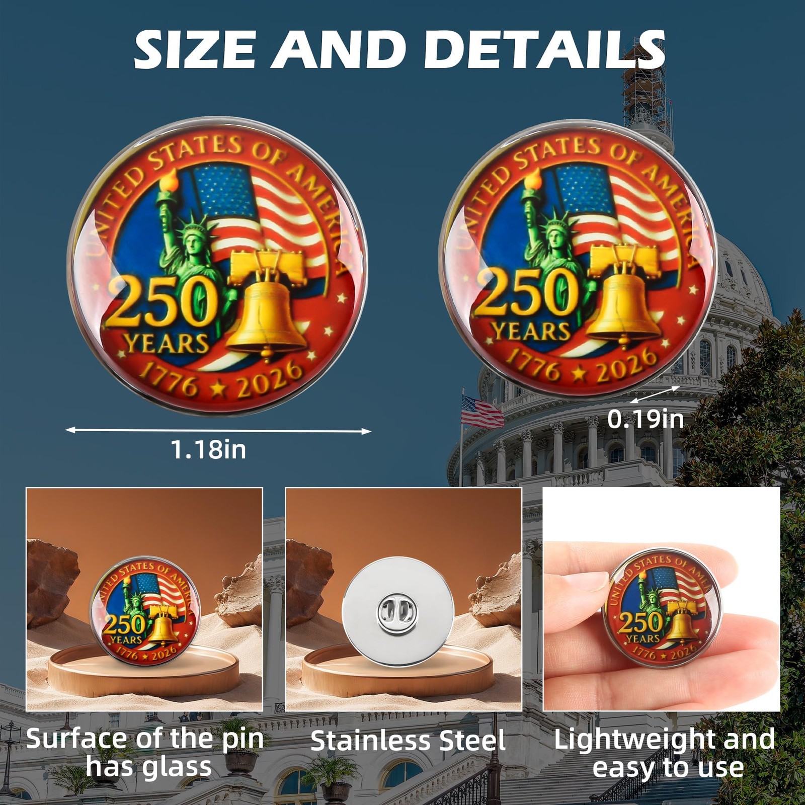 USA 250th Anniversary Lapel Pin 1776-2026 Patriotic Glass Collectible Gift*