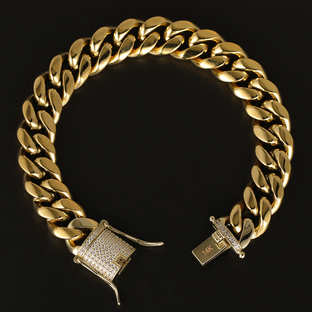 14k Gold Plated Stainless Steel Miami Cuban Link Bracelet Or Chain with CZ Clasp