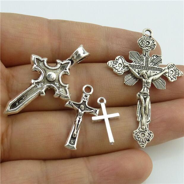 25* MIX Cross Pendant Vintage Antique Silver Tone Alloy Faith Religious Charm E