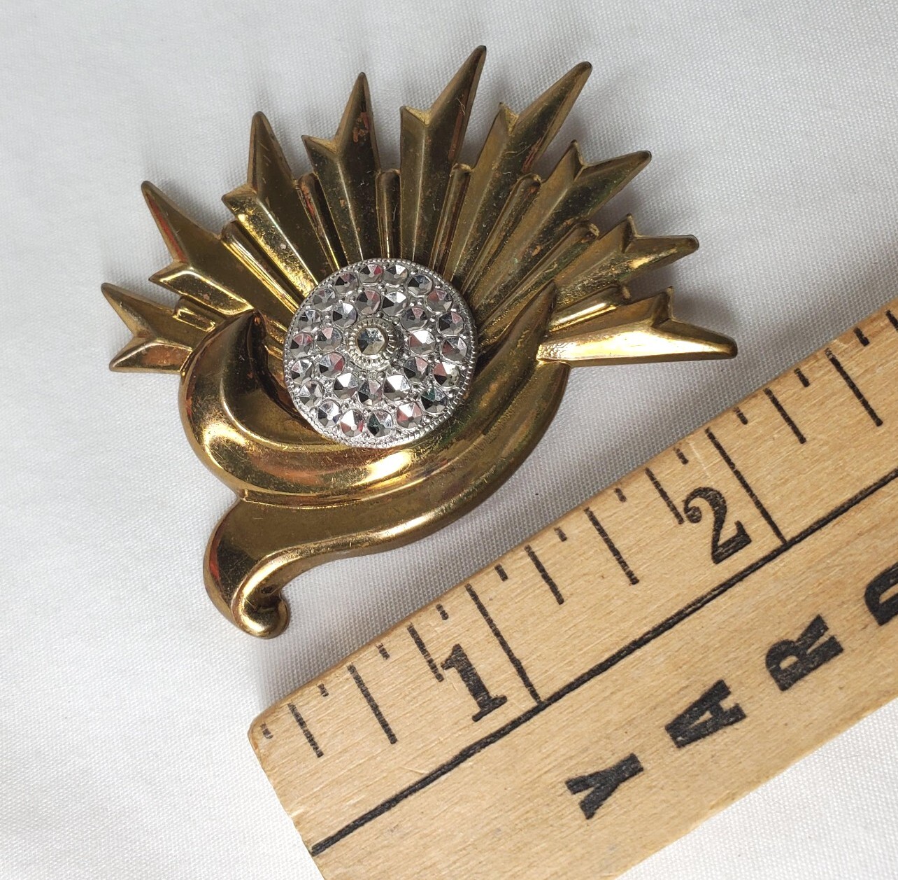 Vintage Modernist Brass Sun Rays Brooch Silver Tone Accents Abstract Pin