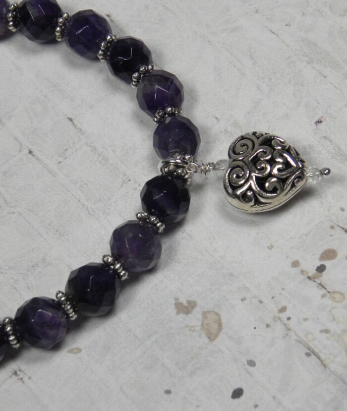 Amethyst Daisy Spacer Puffed Heart Charm Stretch Bracelet Handmade 7.5″ New