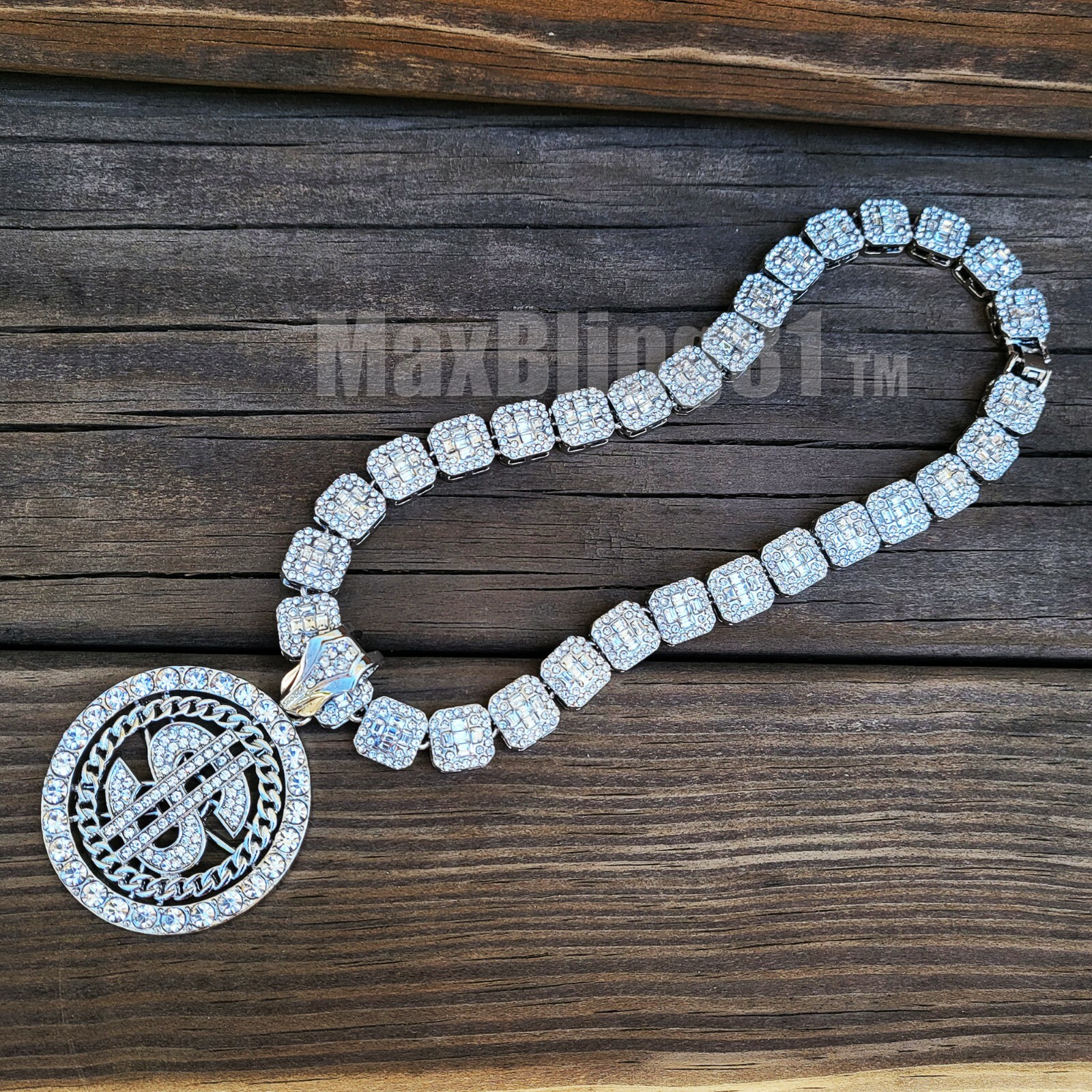 Silver Plated Alloy Iced $ Sign Pendant 16″ ~ 20″ Cubic Zirconia Chain Necklace