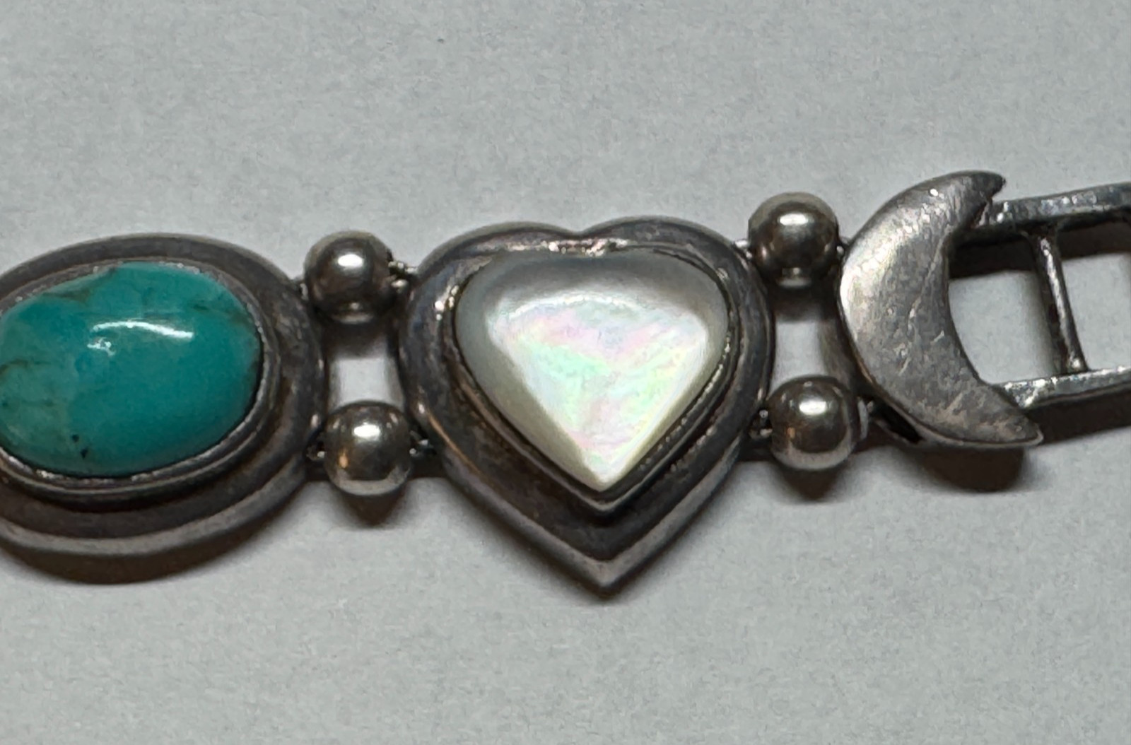 925 Thailand Sterling Silver Turquoise Mother of Pearl Link Bracelet 31g