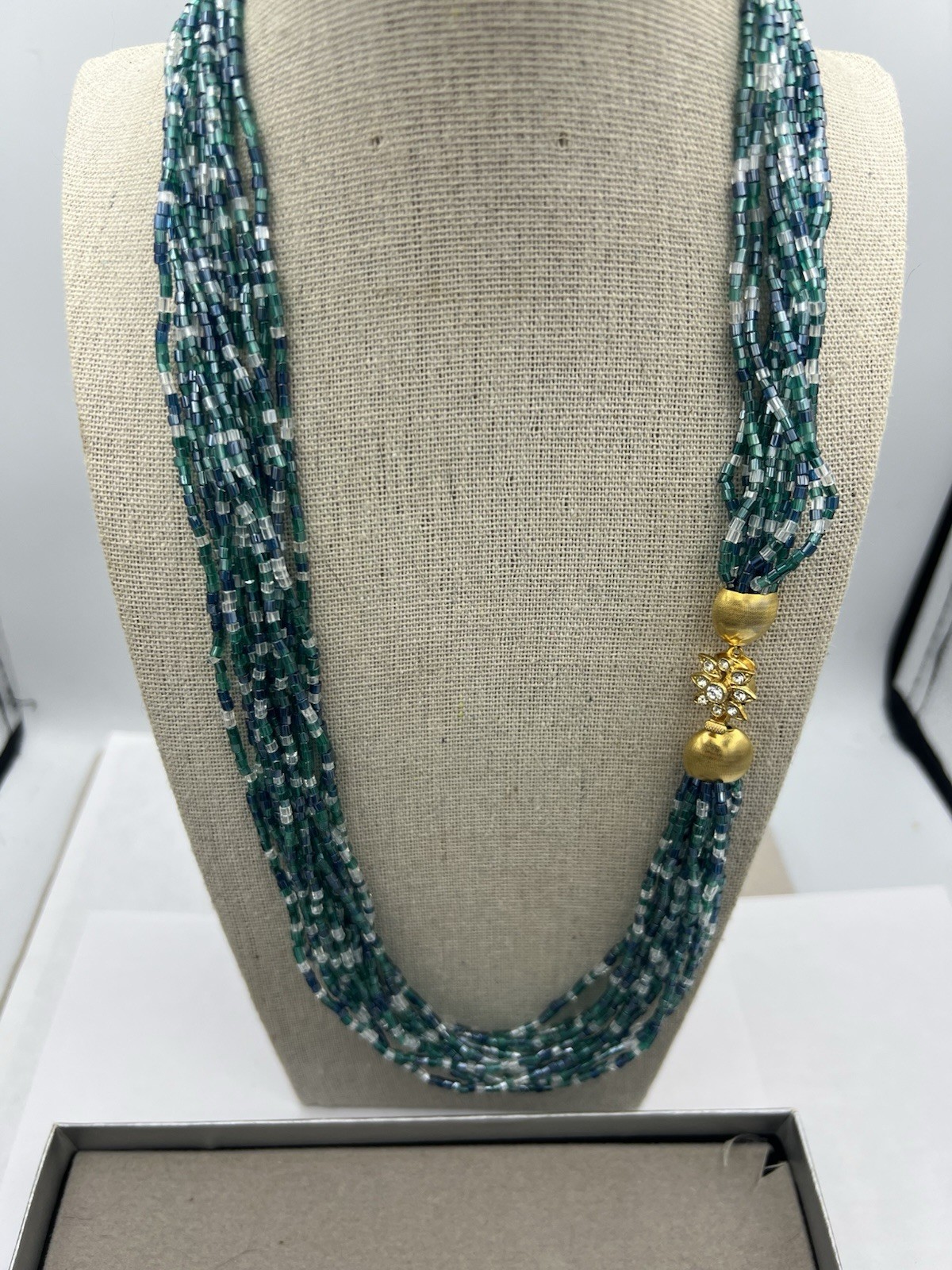 Vintage Czech Designer Emerald Seed Bead Necklace Set