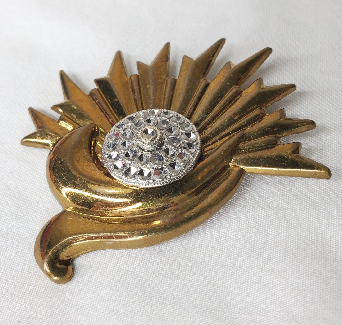 Vintage Modernist Brass Sun Rays Brooch Silver Tone Accents Abstract Pin