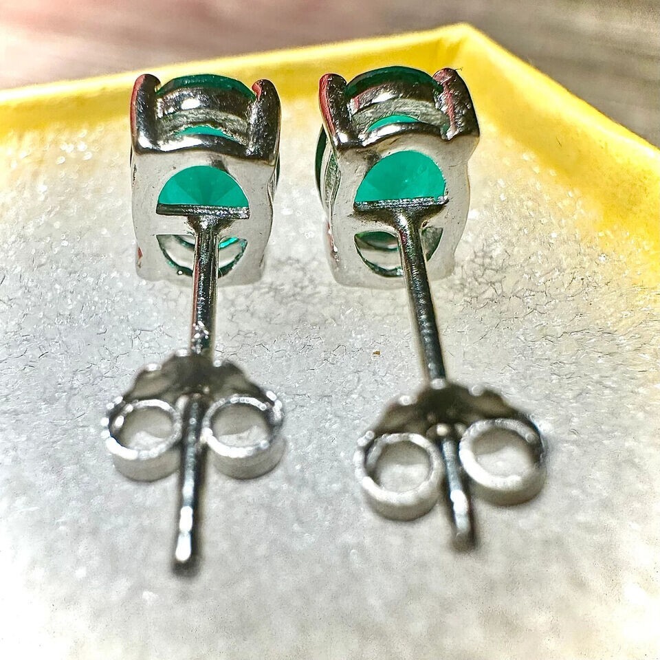 Genuine Emerald Round Basket Set Stud Earrings in Sterling Silver