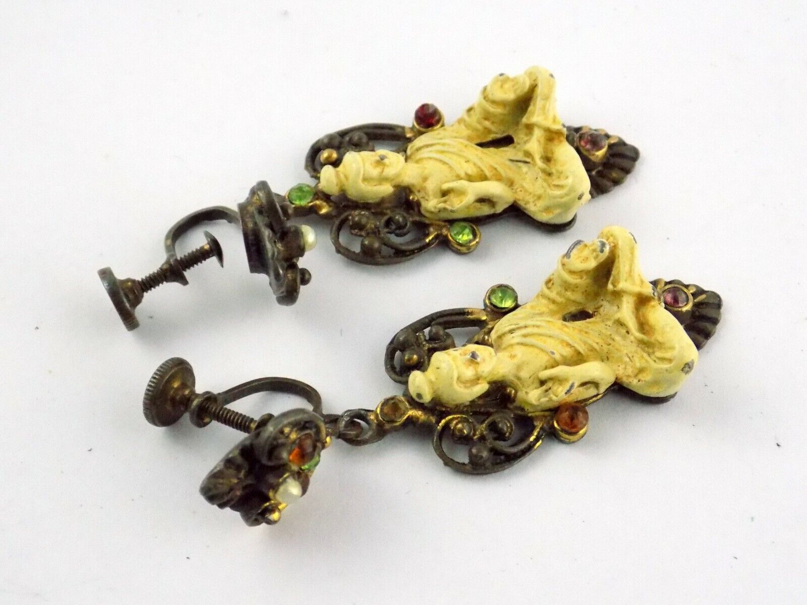 Vintage Painted Brass and Buddha Figurine Screwback Earrings Unsigned Rhinestone