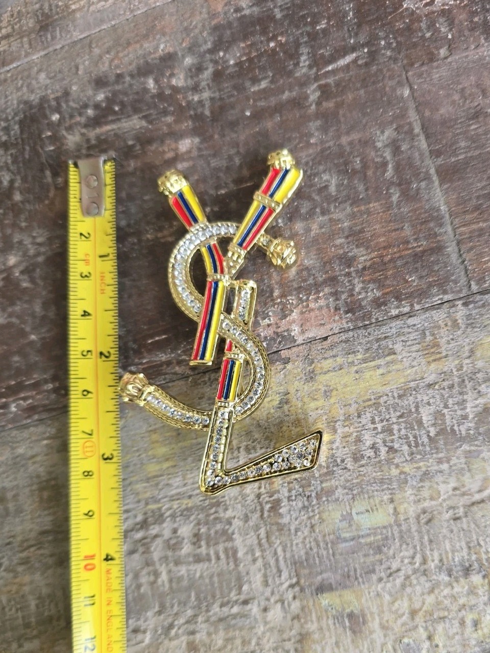 YSL Yes Saint Laurent Paris Brooch Pin Multi Color Gold Tone & Rhinestones