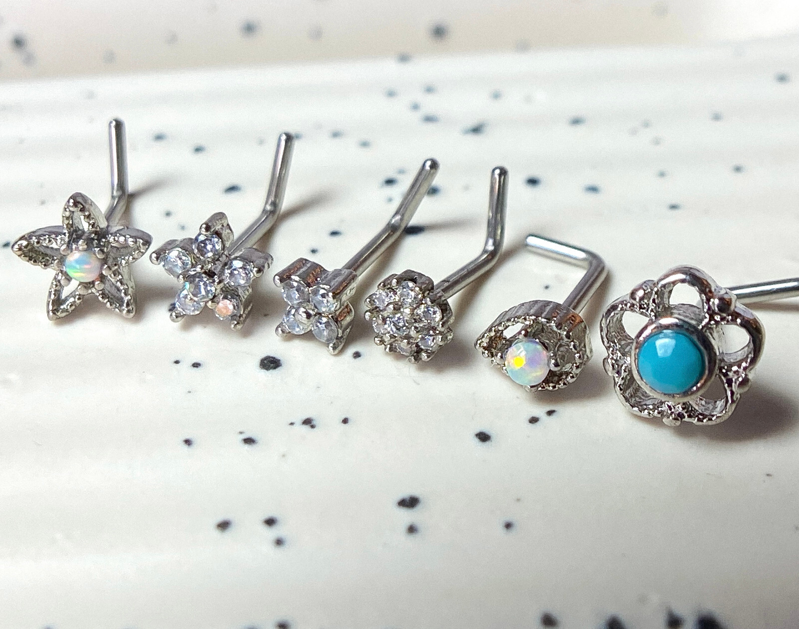 6pc Box Value Pack Opal / Turquoise / CZ Gem Shapes 20g Steel L-Bend Nose Rings