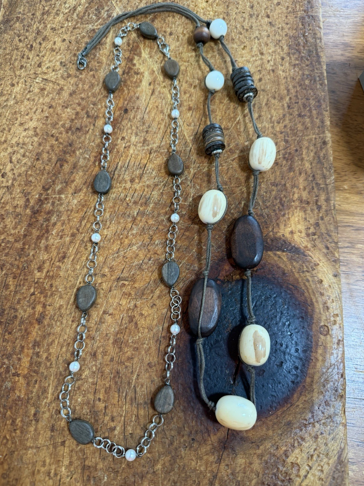 Lot of 2 Brown & Beaded Necklaces Cable Chain Spring Ring Oval