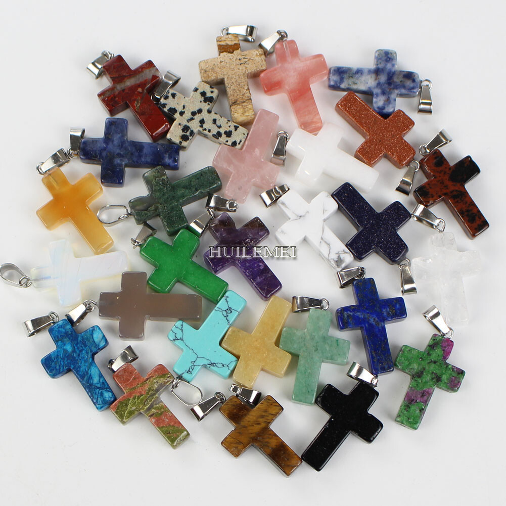 20pcs/lot Mixed Natural Gemstone Cross Pendant Beads Reiki Chakra Healing Stone