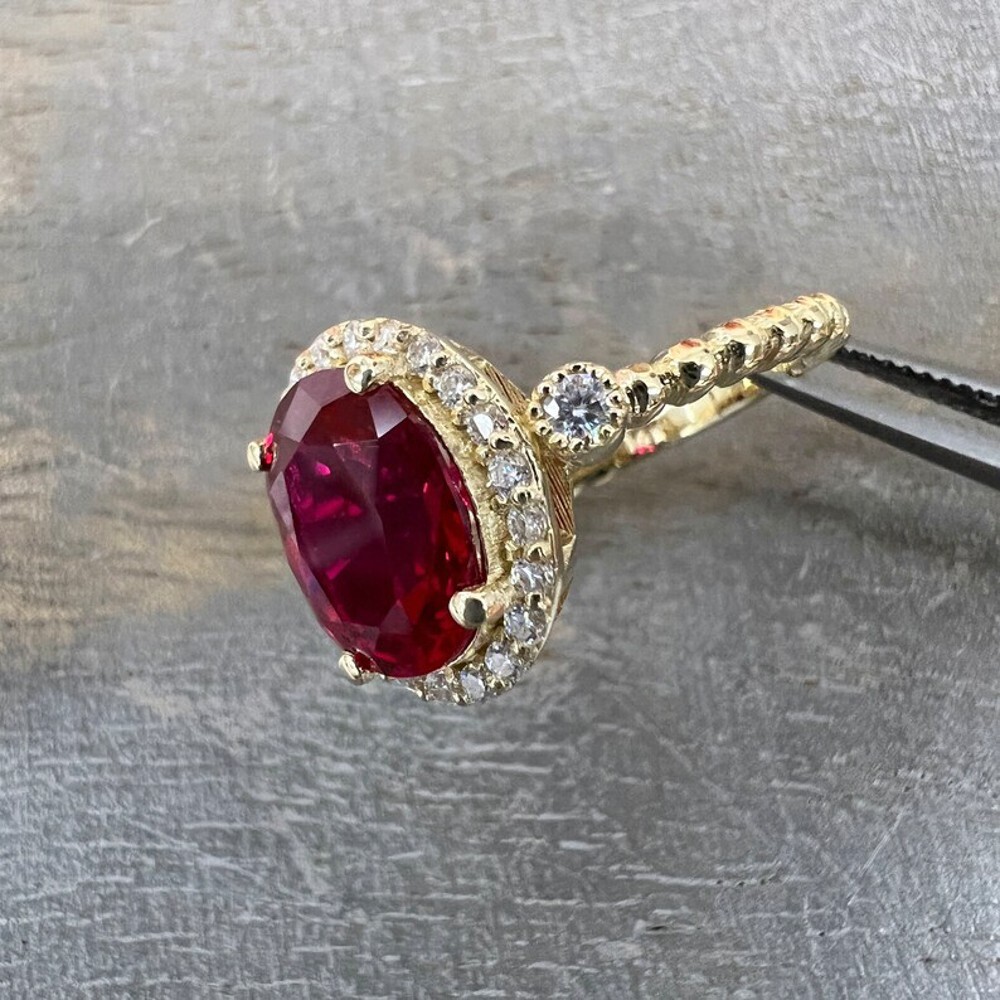 14K Yellow Gold Wedding Ring Lab Created 3.50 Ct Diamond Women Ruby Oval Red
