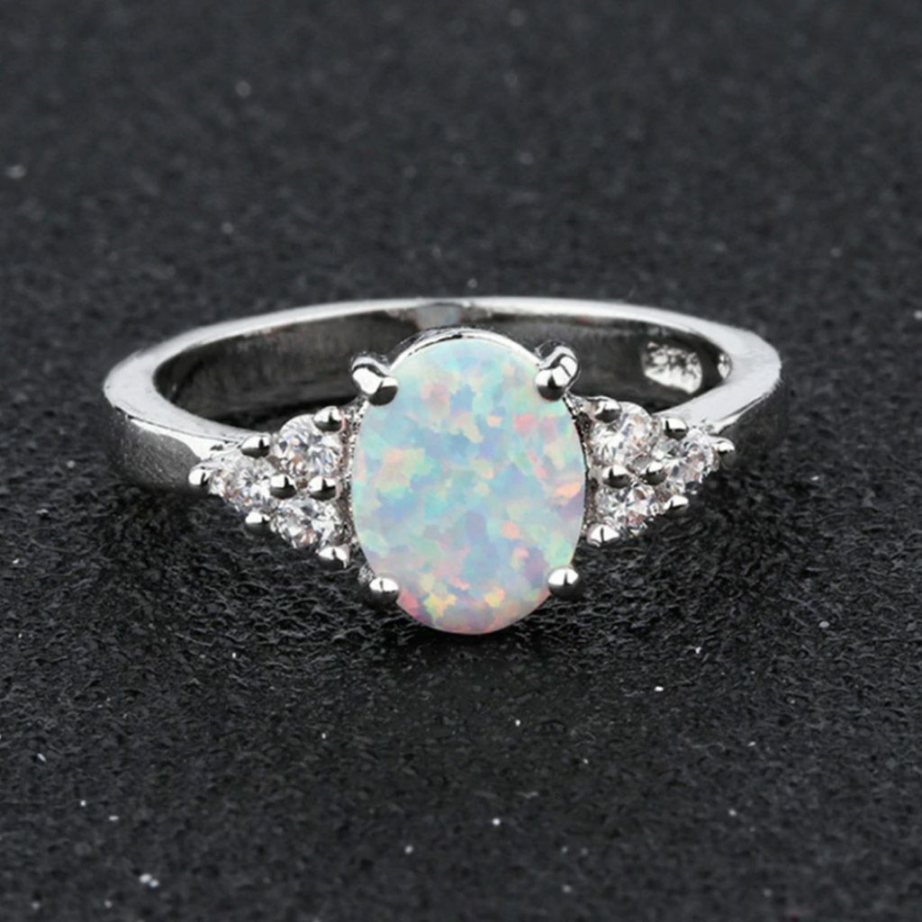Womens Fire Opal Silver 925 Sterling White Gold Gemstone Jewelry Ring Size 6-10