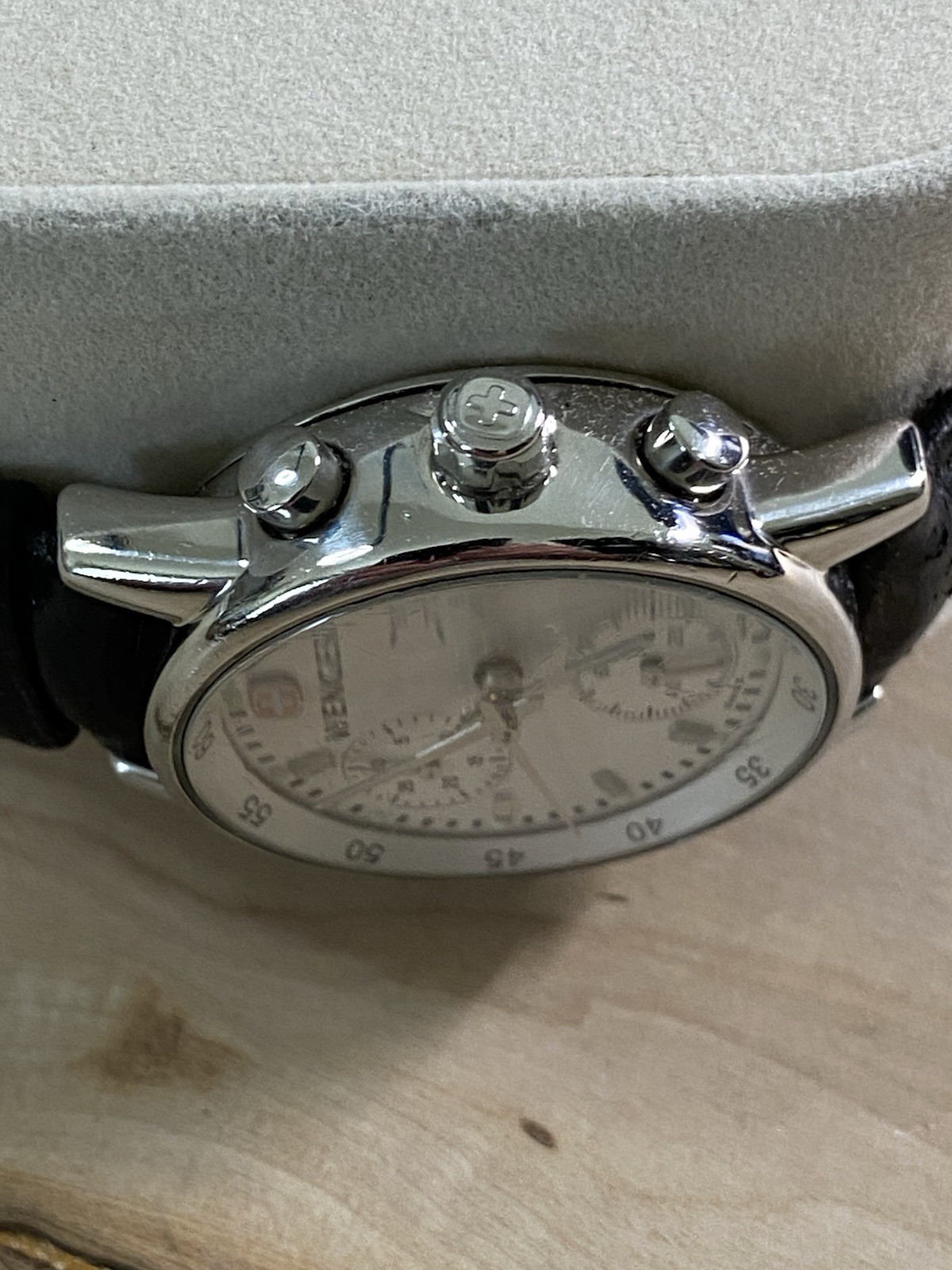 Ladies Wenger Swiss Army Quartz Chronograph Date Silver Dial Black Leather Watch
