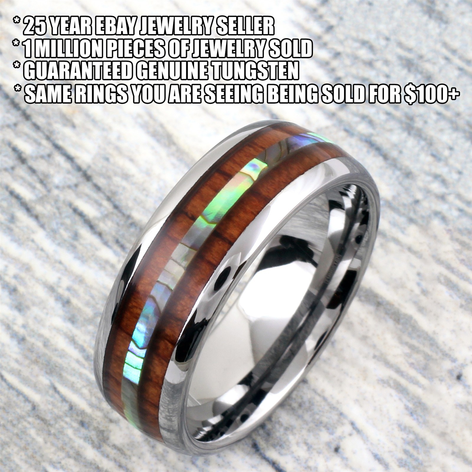 6/8mm Tungsten Men’s Hawaiian Koa Wood & Abalone Wedding Band Ring-Engraving TW