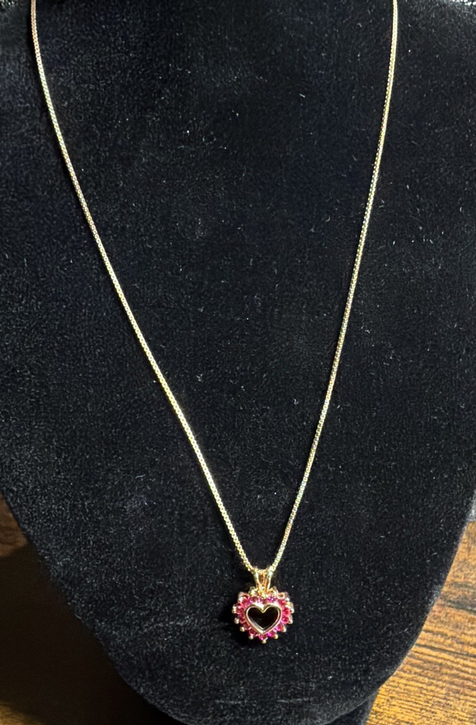 925 Sterling Silver Yellow Gold Tone Box Chain Heart Ruby pendant.