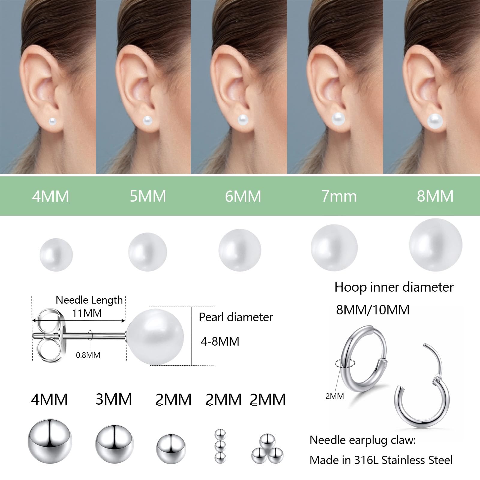 CVAYU 12Pairs 20G Mix Color Stainless Steel Ball Stud 0.8mm, A