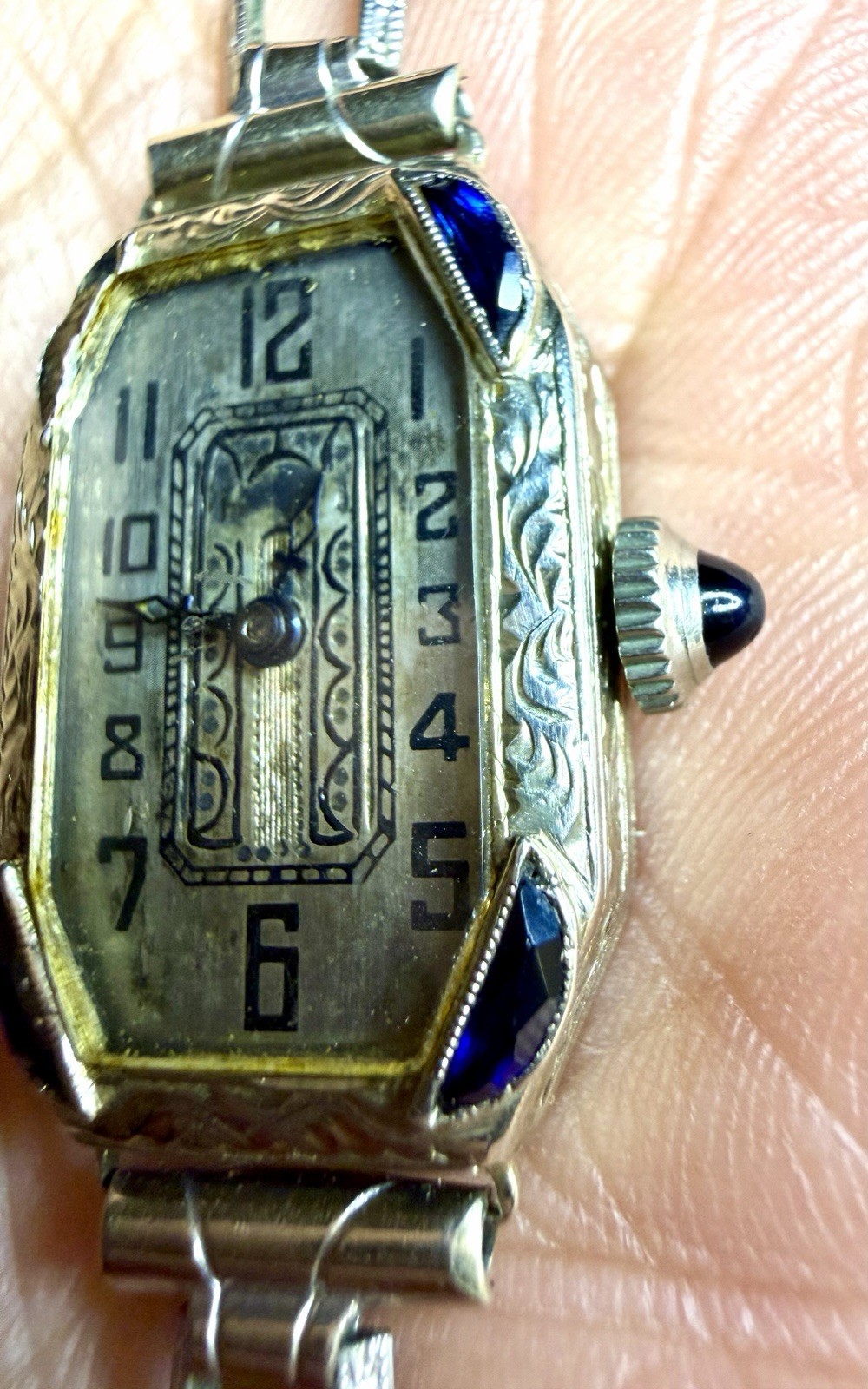 1920’s LADY IOCO 14K WHITE GOLD & SAPPHIRE WATCH W/ ORIGINAL 1/20 GF BAND -RARE!