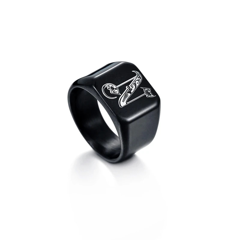 Men’s Stainless Steel Initial Letter Ring Double Beveled Edges Fashion