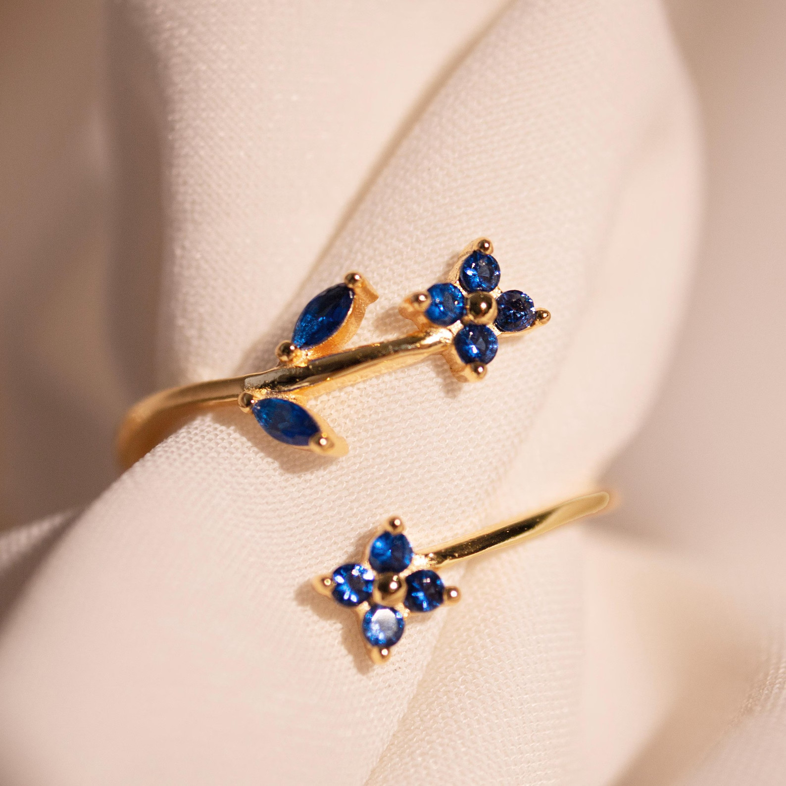 leaf shape ring blue Sapphire ring Floral jewelry gold plated 925 silver ring