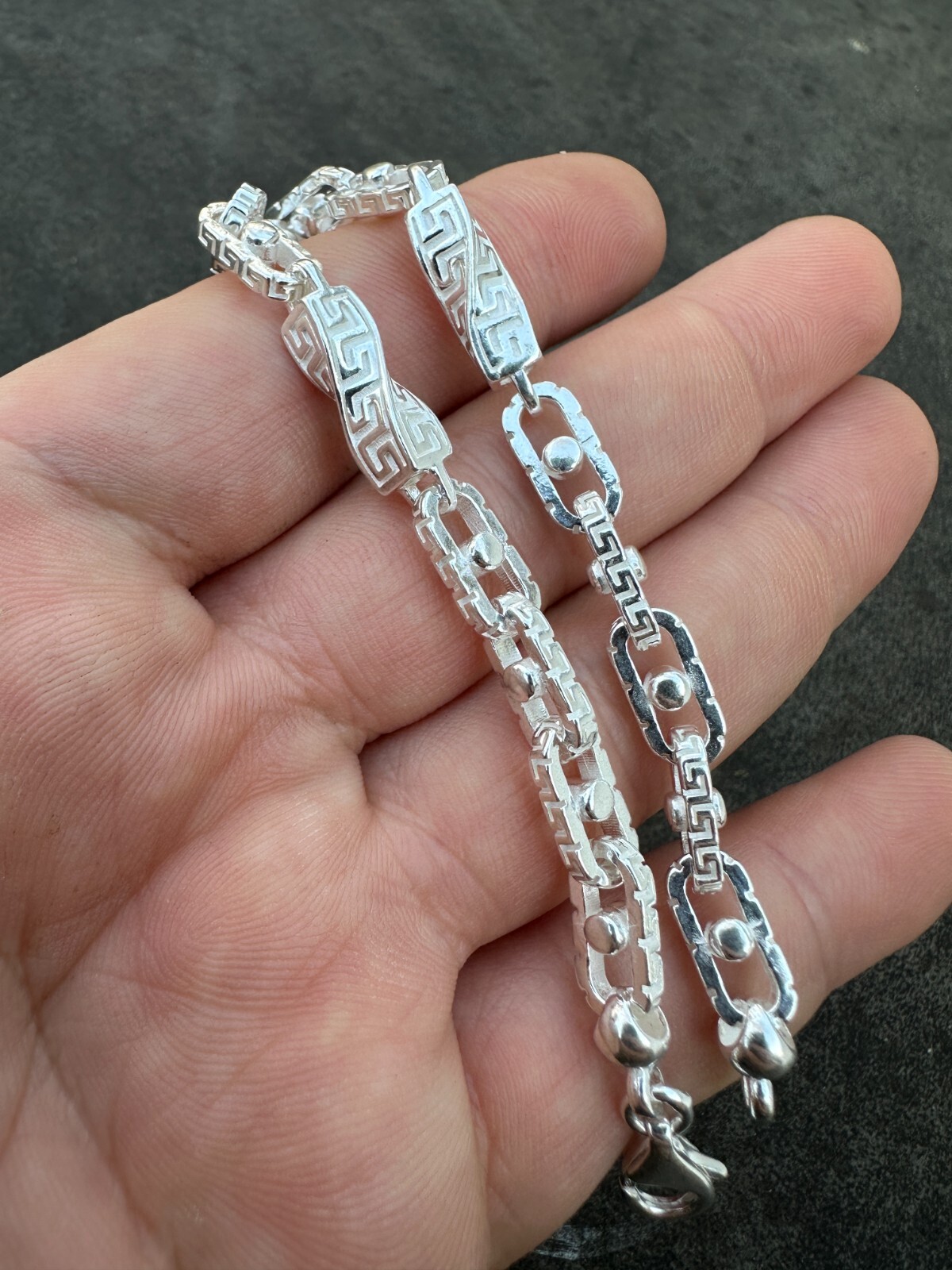 Real 7mm 925 Sterling Silver Custom Greek Key Hermes Rolo Link Chain Bracelet