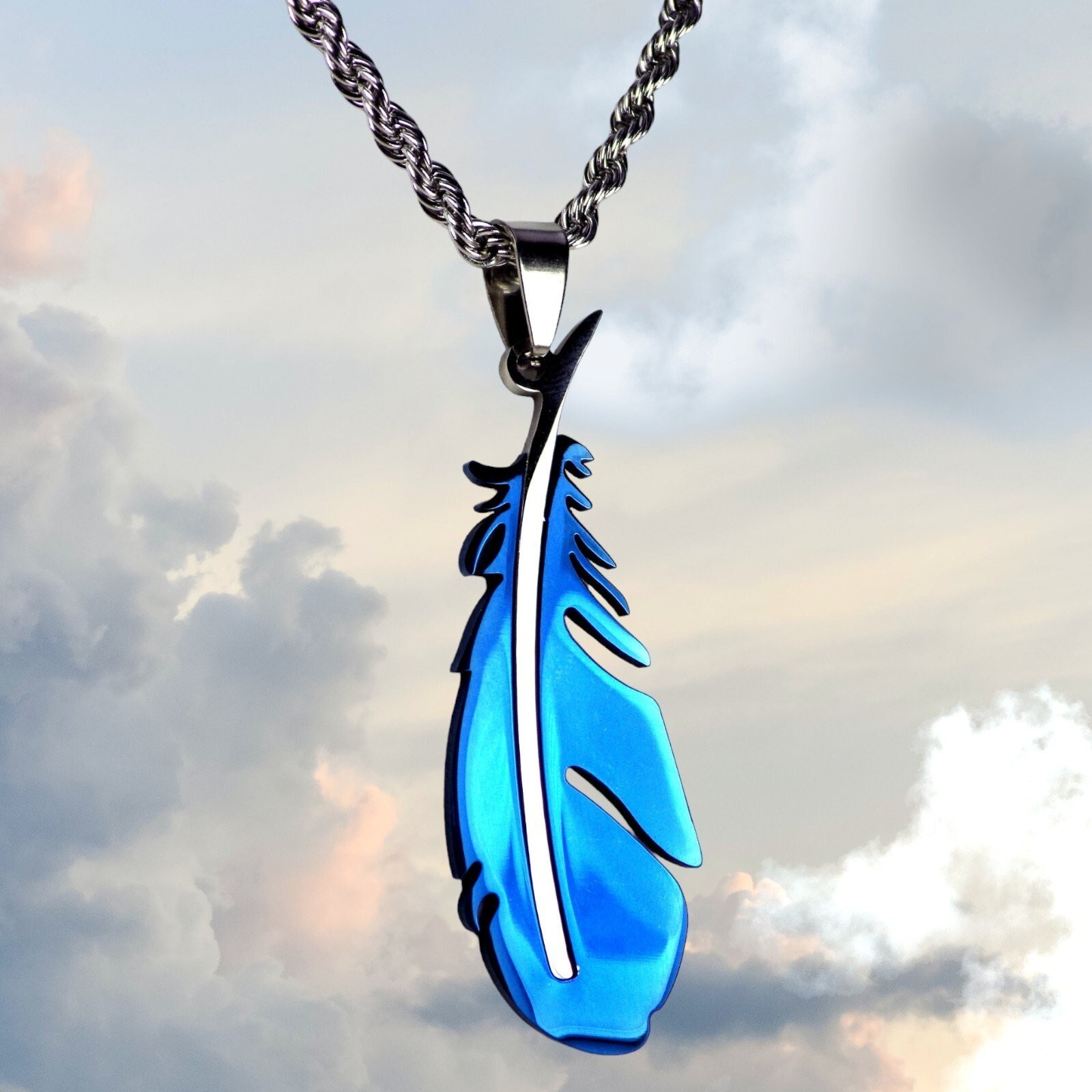Blue Feather Necklace 316L Stainless Steel Bird Falcon Crow Raven Pendant Chain