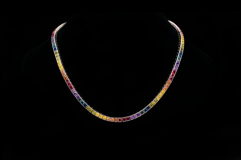 30 ctw Created Princess Rainbow Sapphire 14K Gold Plated Tennis Women’s Necklace