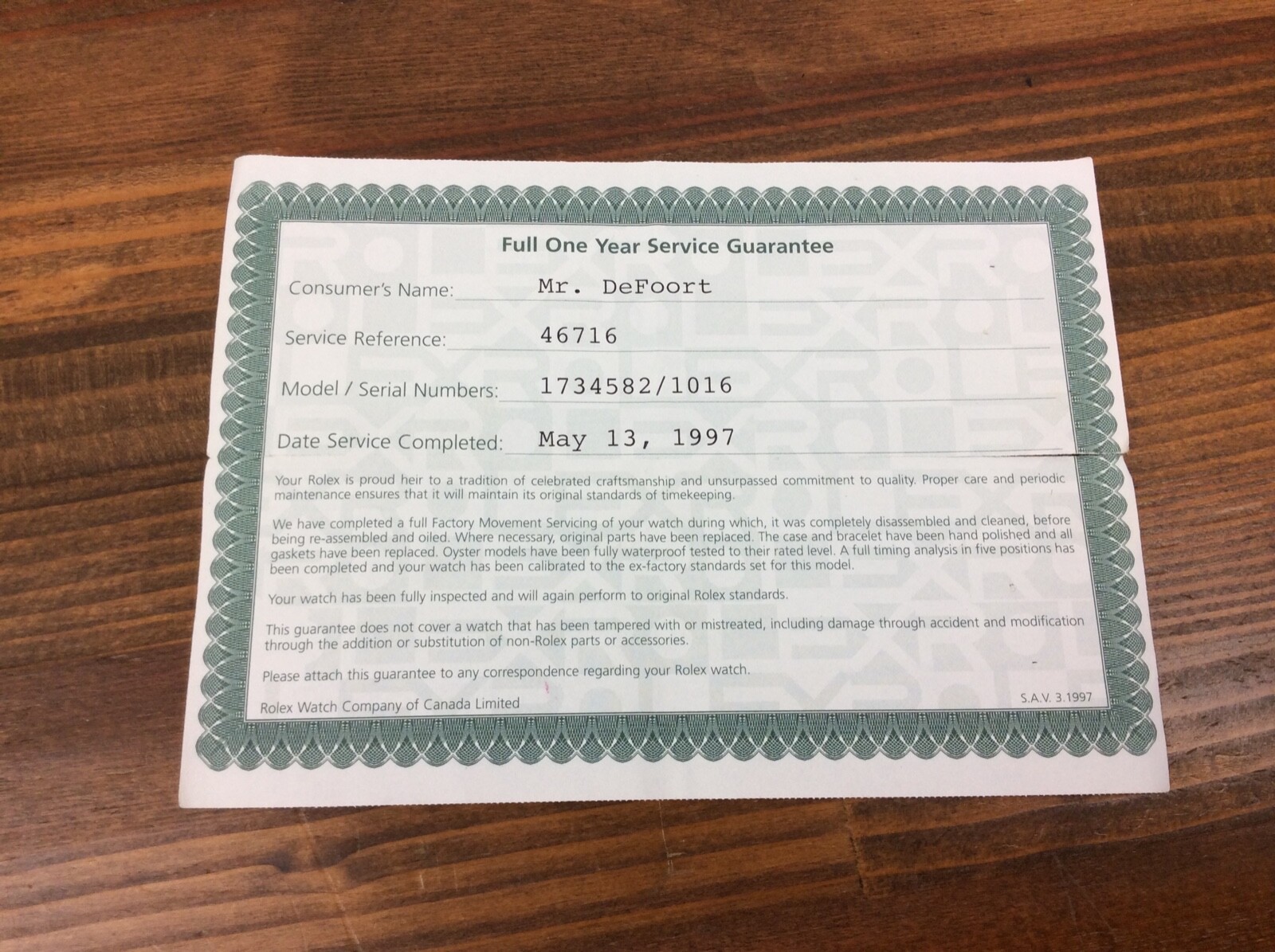 Rolex Full One Year Service Guarantee 1997 Accessories for Collectors
