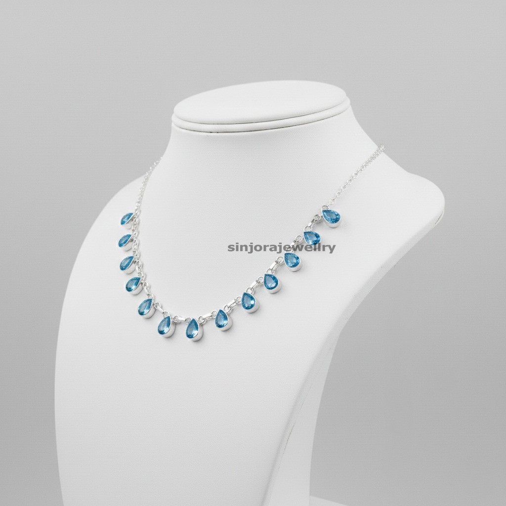 Blue Topaz Gemstone 925 Sterling Silver Handmade Gift Necklace 18″