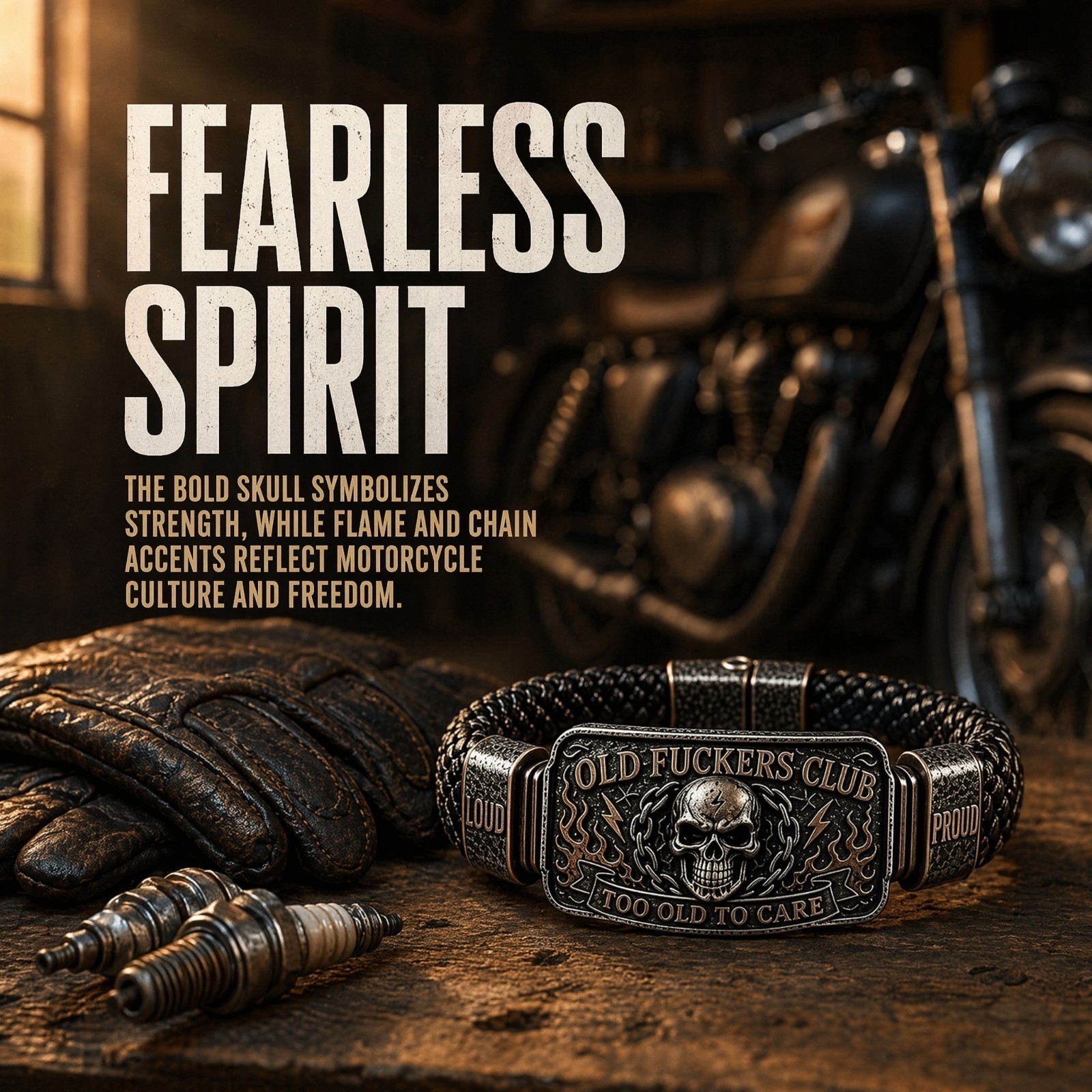 Old F-ckers Club Men’s Vintage Skull Flame Biker Braided Bracelet Gift Set Leath