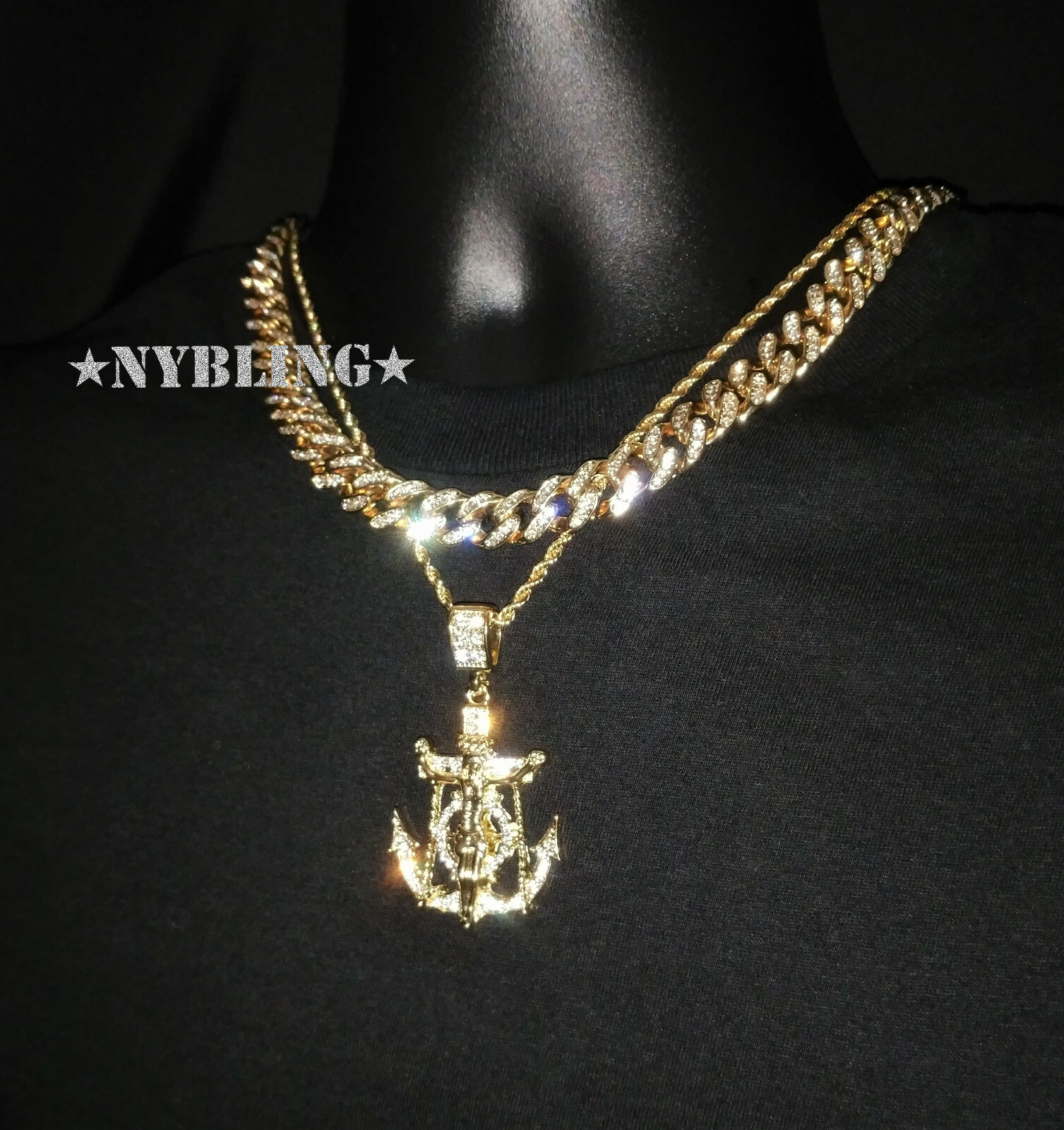 Miami Cuban Chain CZ Necklace, Rope Chain, Jesus Anchor Pendant Plated, 3PC Set
