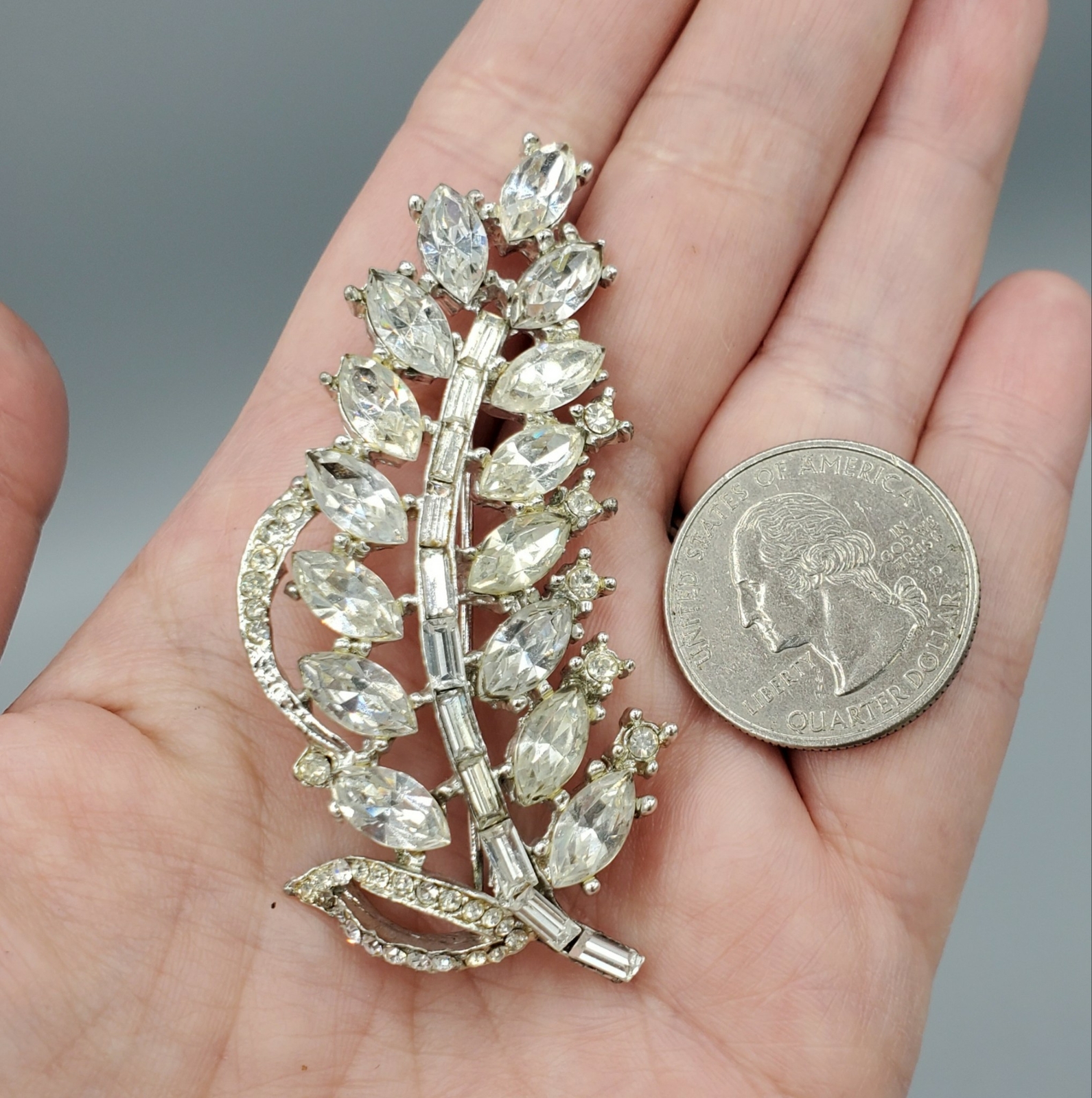 1950’s Unsigned Designer Clear Marquise Baguette Feather Leaf Brooch