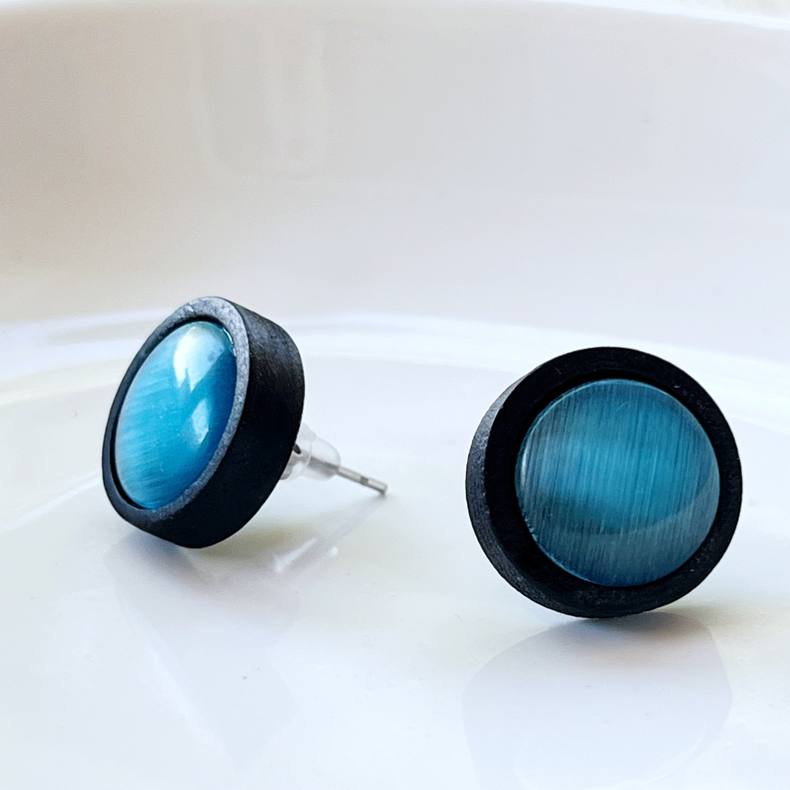Natural Black Wood Blue Glass Stainless Steel Unisex Stud Earrings