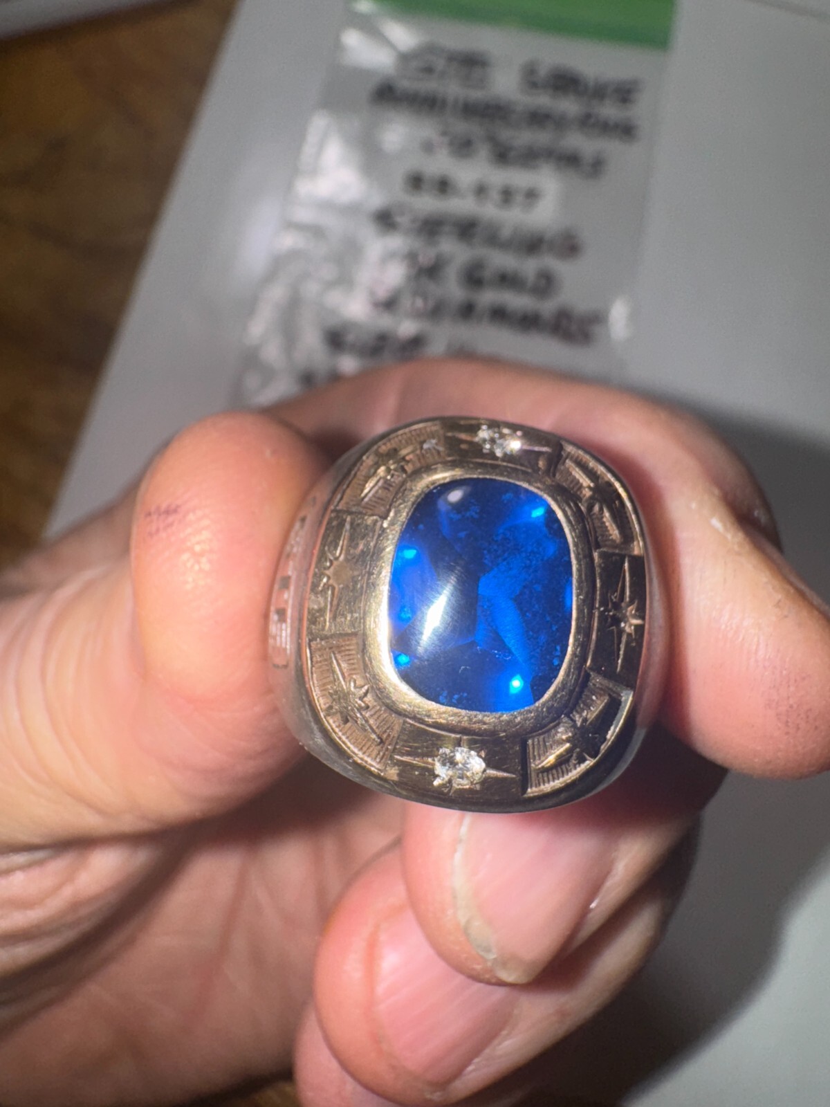 GTE Service Ring: Sterling & 14K Gold w/2 Diamonds & Blue Stone Very Cool SS-137