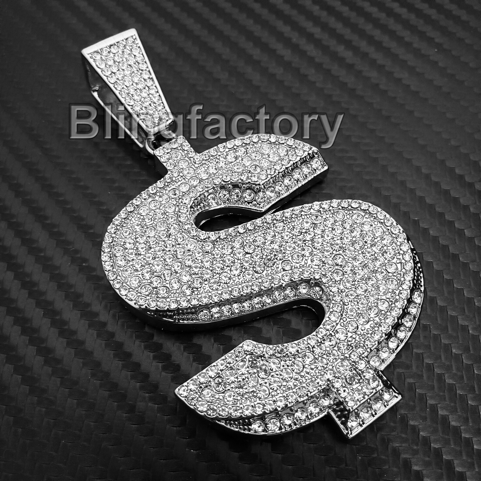 HIP HOP ICED CUBIC ZIRCONIA SILVER PLATED ALLOY LARGE $ DOLLAR SYMBOL PENDANT