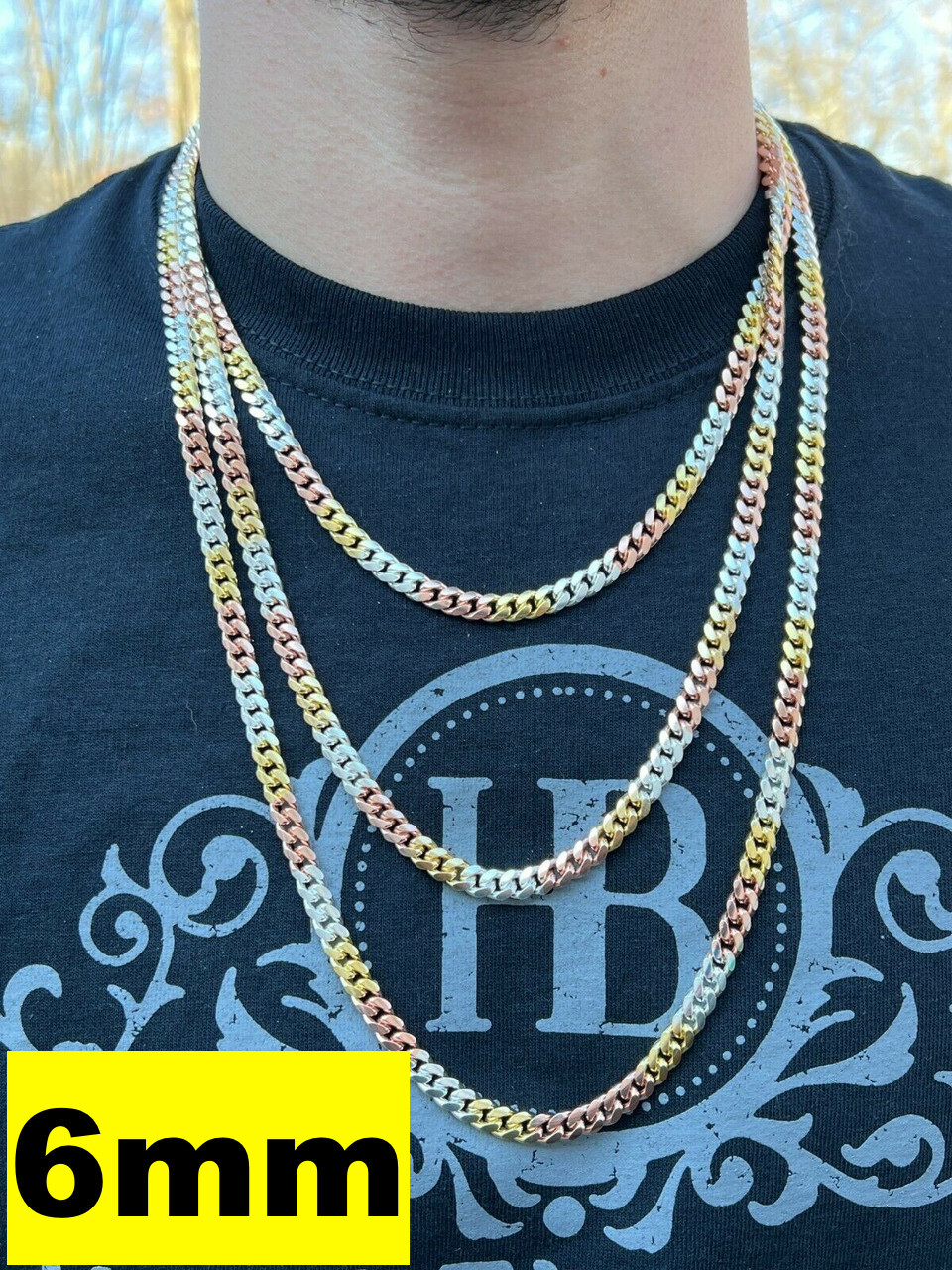 Tri Color Yellow Rose Gold Plated 925 Sterling Silver Miami Cuban Chain 2-6mm
