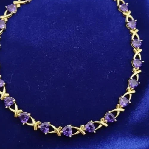 8.68 Ct Trillion Cut Natural Amethyst Tennis Bracelet 14K Solid Yellow Gold