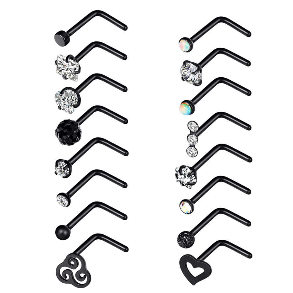 16Pcs Curved Nose Stud Surgical Steel Nose Ring Crystal L Bend Stud Piercing 20G