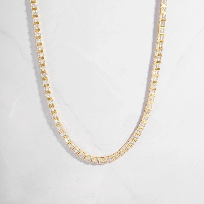 15TCW Baguette Cut Lab Created Diamond Tennis Necklace 14k Yellow Gold Plated