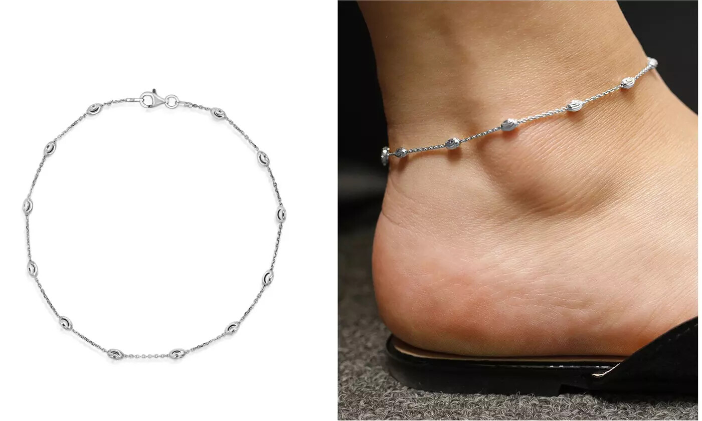 Italian .925 Sterling Silver 3mm Diamond Cut Station Oval Moon Anklet 9″ and 10″