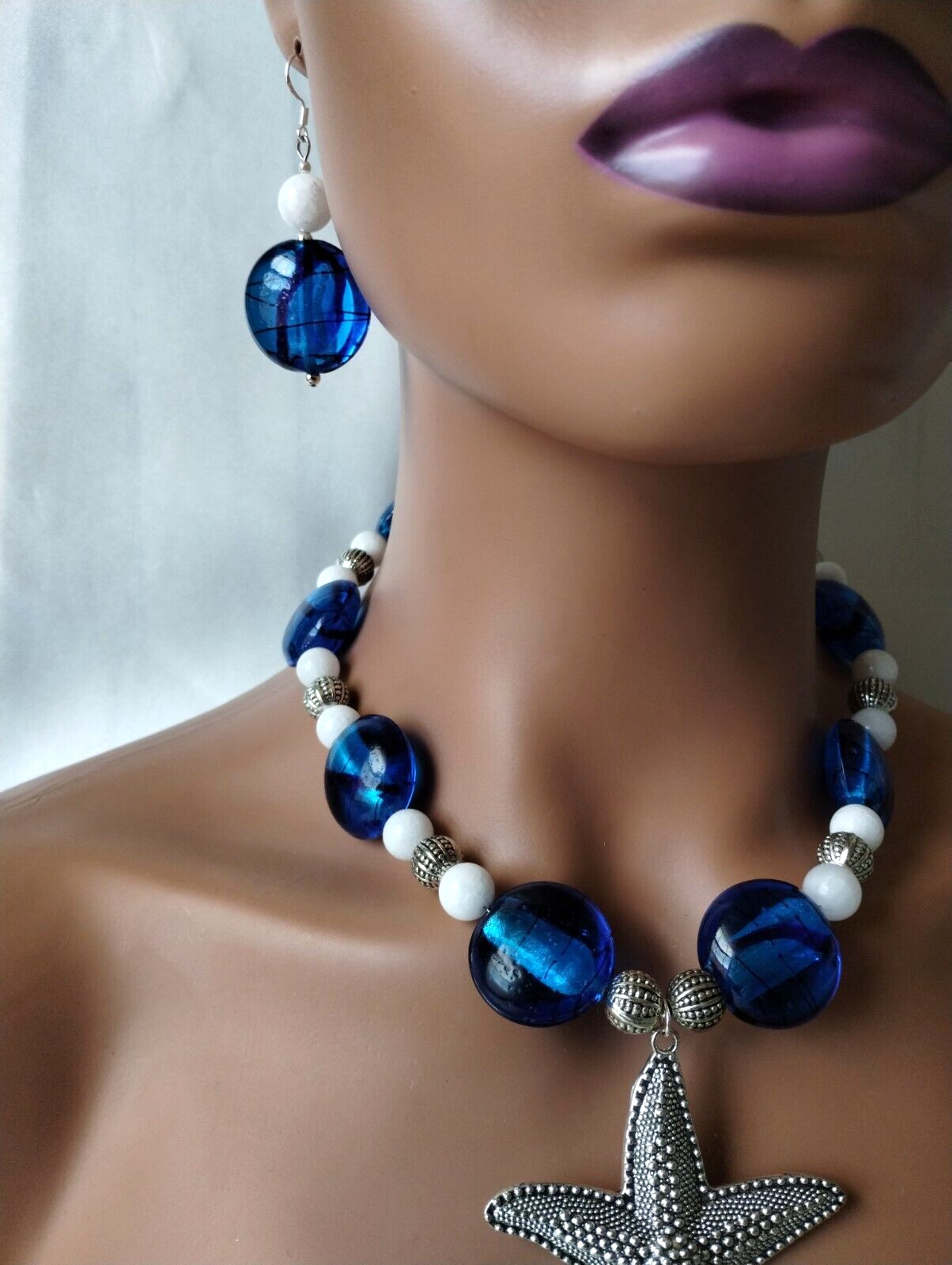 Silver Starfish Statement Necklace Set White Jade Cobalt Blue Glass