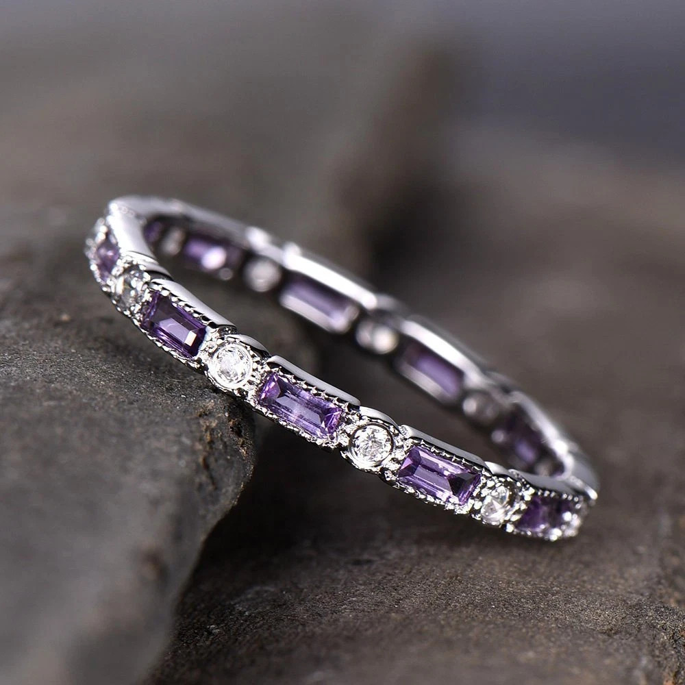 1ct Lab-Created Purple Amethyst Eternity Wedding Band Ring 14k White Gold Plated