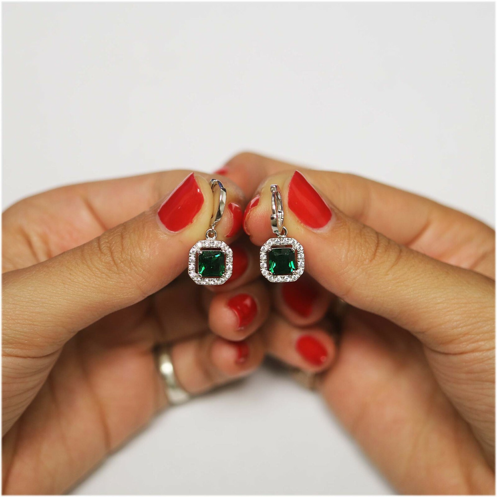 925 Sterling Silver Lab Created Emerald Princess Cut Halo Leverback Earrings