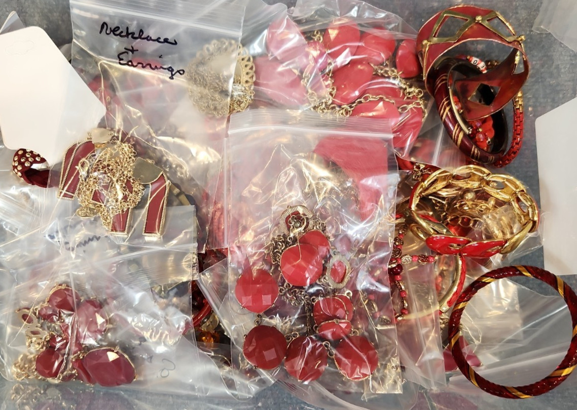 Jewelry Wearable Red & Gold Tone Collection 5 Lbs Lot #704 See Description