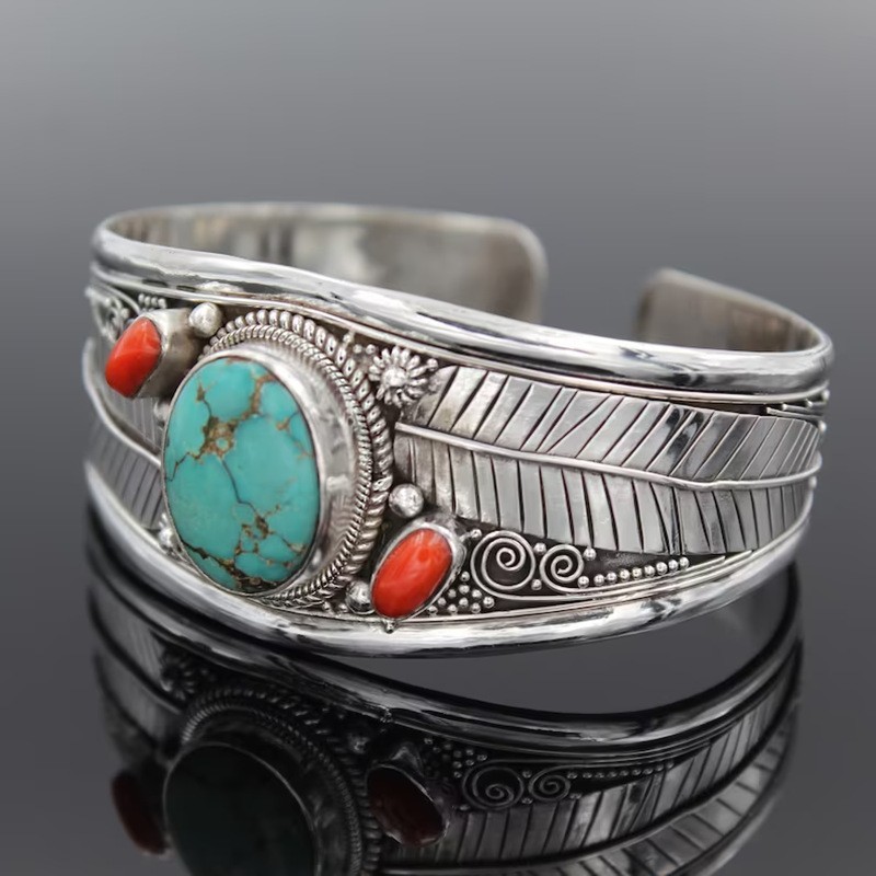 Vintage Silver Turquoise Bracelet Antique Silver Boho Bangle Protection Guardian